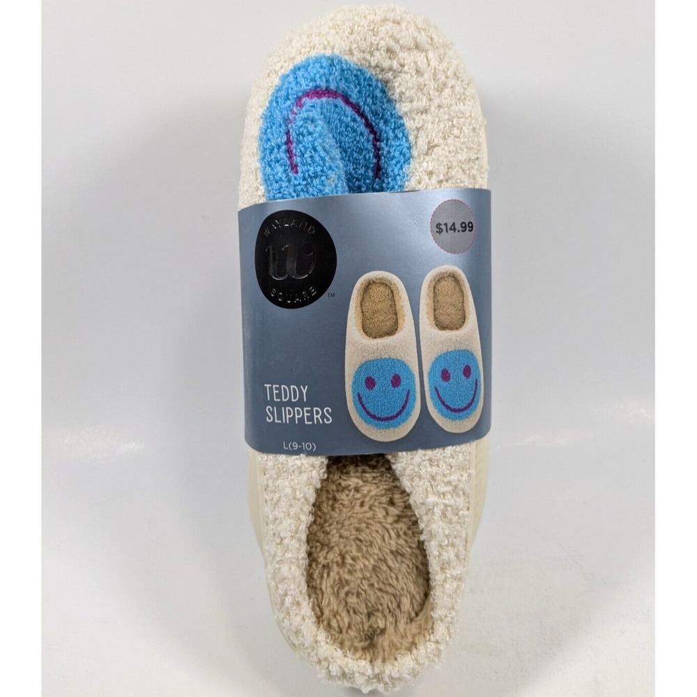 Wayland Square Smiley Face Teddy Slippers Women's Size Large (9-10) Blue & White